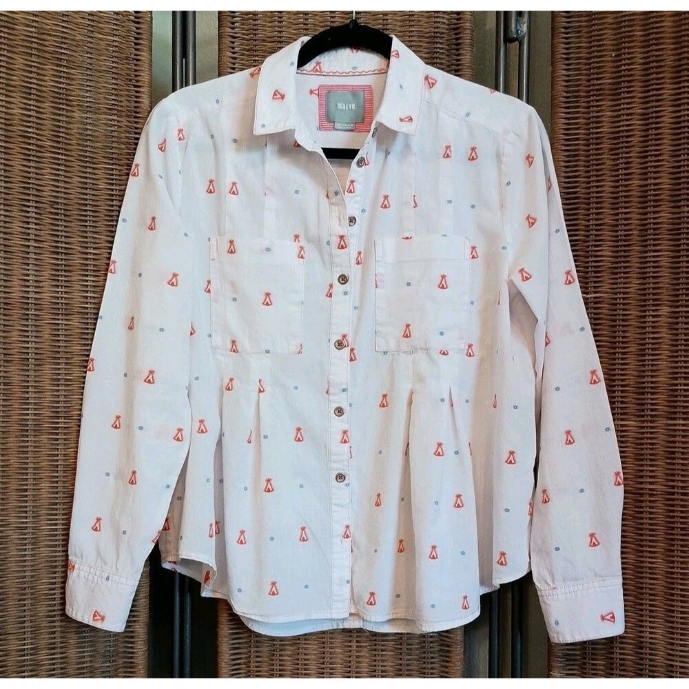 MAEVE ANTHROPOLOGIE Size 6 Miette Teepee Print Blouse Cotton Embroidered Cream